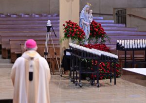 Archbishop José H. Gomez prays during Mother's Day Mass at the Cathedral of Our Lady of the Angels on May 10, 2020. (Pool photo/John McCoy)