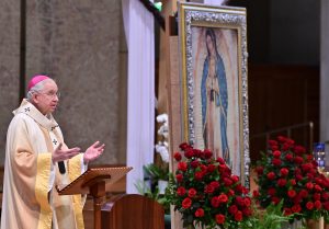 Archbishop José H. Gomez delivers the homily during Mother's Day Mass at the Cathedral of Our Lady of the Angels on May 10, 2020. (Pool photo/John McCoy)