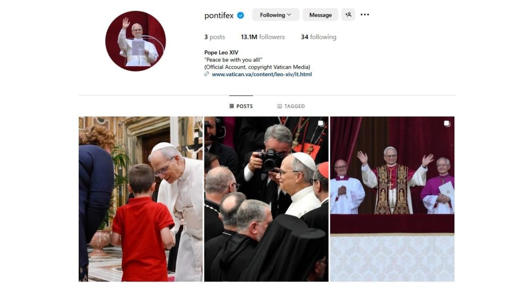 Una captura de pantalla muestra la cuenta @pontifex del Papa León XIV en la plataforma de redes sociales Instagram el 16 de mayo de 2025. (Foto CNS/captura de pantalla, Instagram)