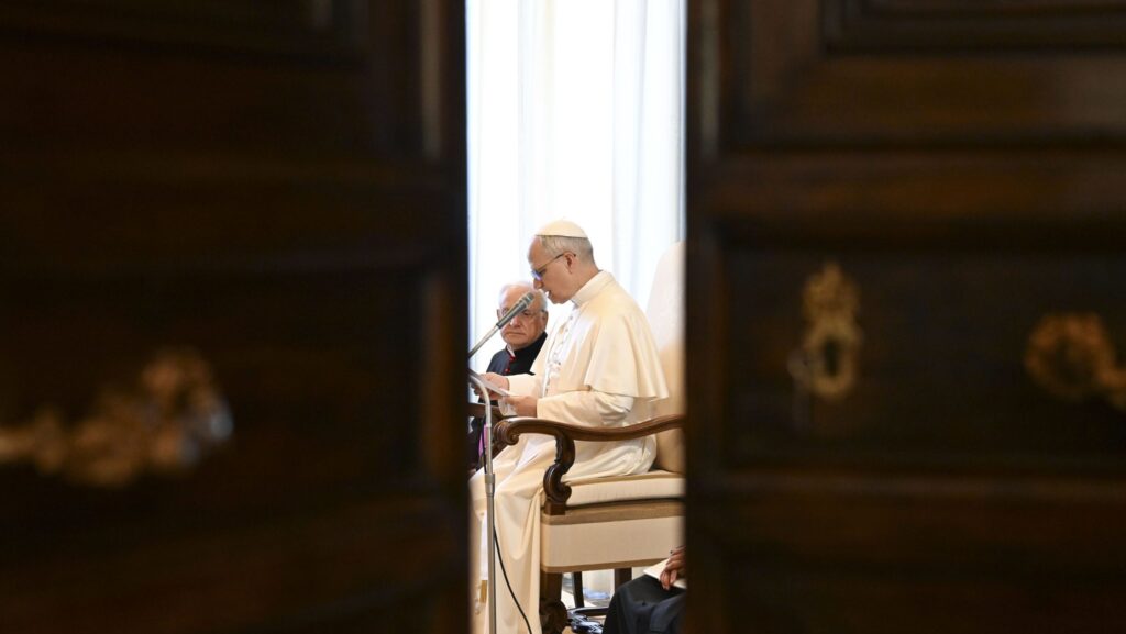 El Papa León XIV es visto a través de una puerta abierta durante una reunión en el Vaticano el 6 de junio. (CNS/Vatican Media)