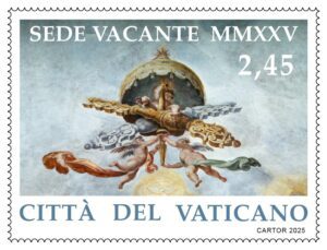 La serie de sellos del Vaticano "sede vacante" se emitió en cuatro valores el 28 de abril de 2025. Los sellos representan a dos ángeles que sostienen los símbolos del emblema vaticano utilizado durante el periodo entre papas. (CNS/Cortesía de la Oficina de Moneda y Timbre del Vaticano)
