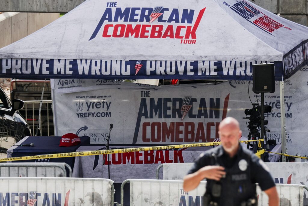 A law enforcement officer works at the crime scene at Utah Valley University where U.S. right-wing activist Charlie Kirk was shot during an event in Orem Sept. 10, 2025. (OSV News photo/Jim Urquhart, Reuters)