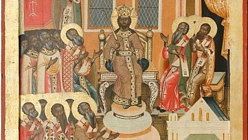Detalle de "Primer Concilio de Nicea" (icono ruso), siglo XVIII. (Wikimedia Commons)