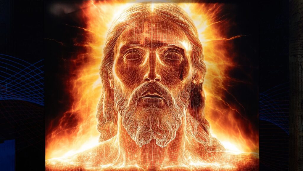 Una imagen muestra una representación de la teoría de la radiación de partículas en la experiencia de la Sábana Santa en Christ Cathedral, en el condado de Orange. (Everett Johnson/Diocese of Orange)