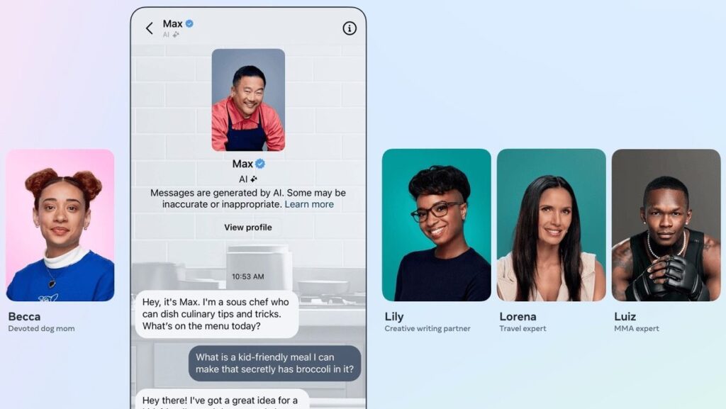 En septiembre de 2025, Meta (empresa matriz de Facebook) presentó una serie de nuevos chatbots de IA con personalidades, opiniones e intereses distintos, con voces de celebridades como Tom Brady, Paris Hilton y Kendall Jenner. (Meta)