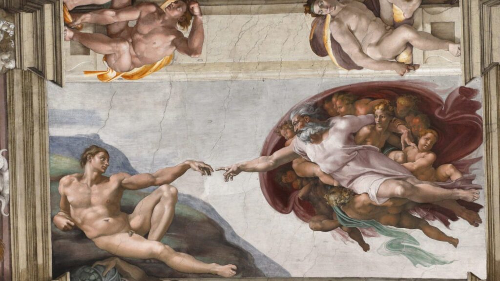 “La Creación de Adán”, de Michelangelo Buonarroti, se muestra en la Capilla Sixtina de los Museos Vaticanos en una foto de archivo del 21 de febrero de 2020. (CNS/Paul Haring)