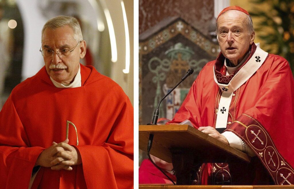 El obispo Anthony B. Taylor, de Little Rock, Arkansas, y el cardenal Robert W. McElroy, de Washington, aparecen juntos en una fotografía. Los obispos estadounidenses, entre ellos el cardenal McElroy y el obispo Taylor, se han pronunciado sobre la «guerra justa» a la luz del conflicto entre Estados Unidos e Israel e Irán, afirmando que el conflicto actual no cumple los criterios morales de la Iglesia. (Foto de OSV News/Paul Haring, CNS/Christopher Newkumet, John Carroll Society)