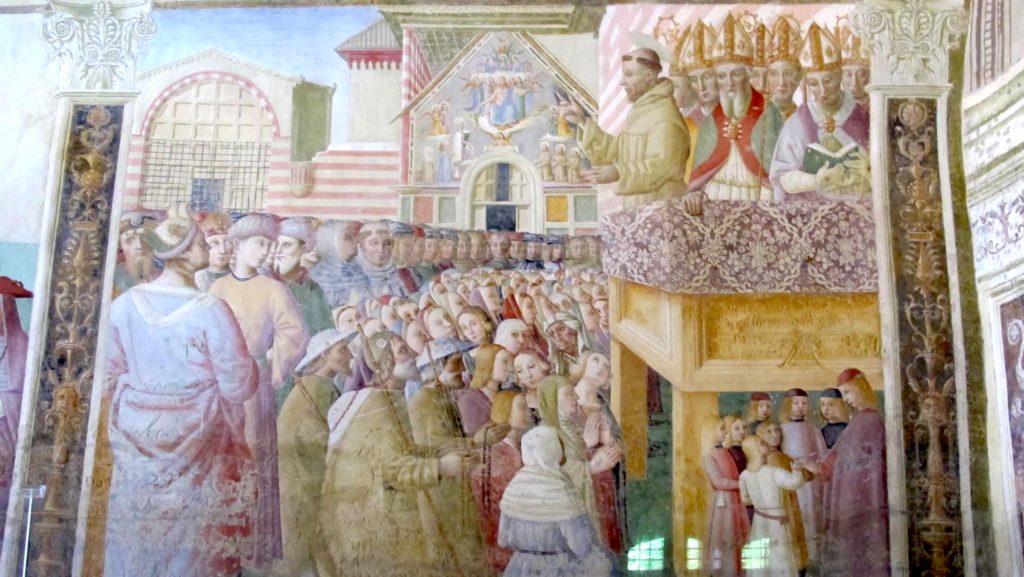 “El Perdón de Asís”, pintura mural en la Porciúncula en la Basílica de Santa María de los Ángeles en Asís, Italia. (Wikimedia Commons)