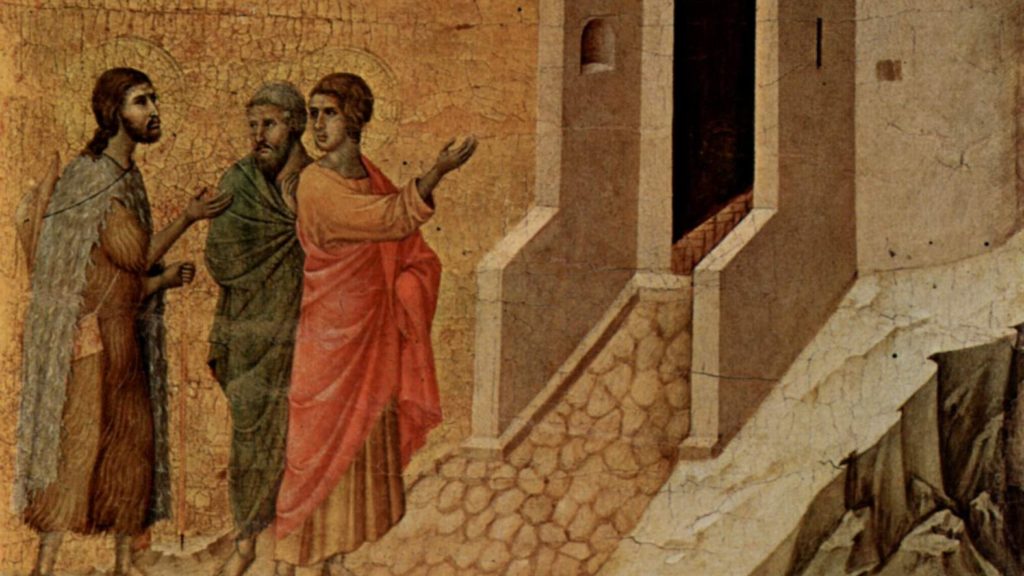 «En el camino a Emaús», Duccio, principios del siglo XIV. (Wikipedia)