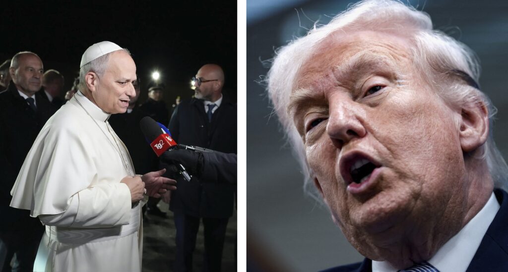 A combination photo shows Pope Leo XIV talking with journalists about the Iran war before leaving the papal residence in Castel Gandolfo, Italy, March 24, 2026, and U.S. President Donald Trump speaking during a news conference at the White House in Washington April 6. Trump escalated his public feud with Pope Leo May 5, accusing the pontiff of endangering Catholics by opposing U.S. military action against Iran. (OSV News photo/Guglielmo Mangiapane/Evan Vucci, Reuters)