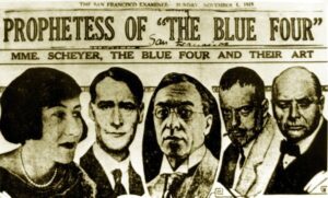 Galka Scheyer (izquierda) junto a Lyonel Feininger, Wassily Kandinsky, Paul Klee y Alexej von Jawlensky en un collage publicado en el “San Francisco Examiner” el 1 de noviembre de 1925. (Wikimedia Commons)