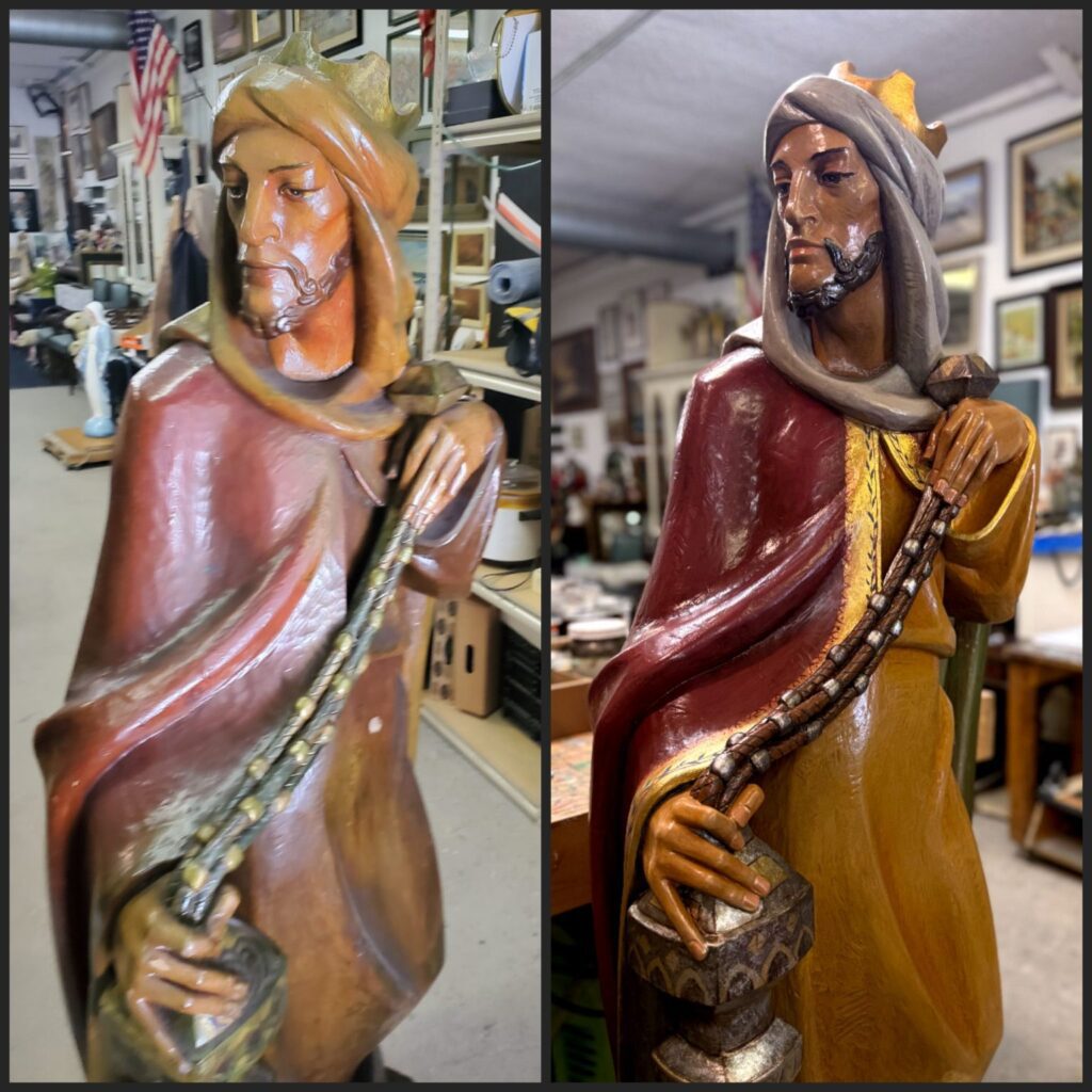 Imágenes del antes y el después de la estatua del rey Gaspar, parte del histórico pesebre que se exhibe cada año en la Catedral de Nuestra Señora de los Ángeles. (La Porte Vintage)