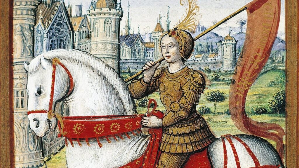Santa Juana de Arco representada a caballo en una ilustración de un manuscrito de 1504. (Wikipedia)