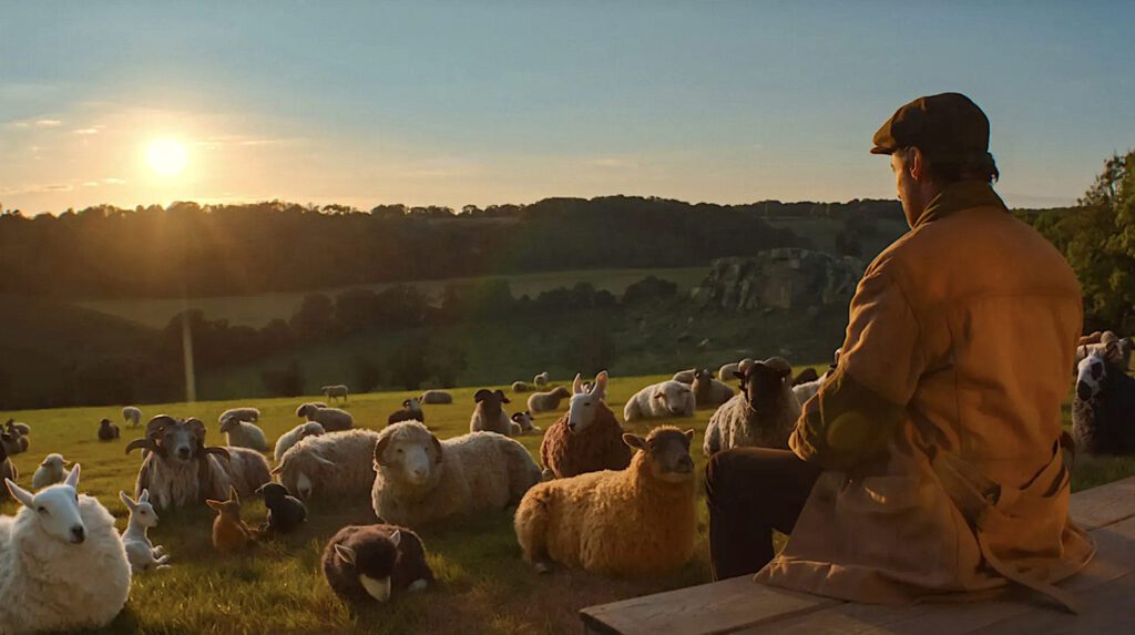 Hugh Jackman y su rebaño en la película de 2026 “The Sheep Detectives”. (Amazon MGM Studios)