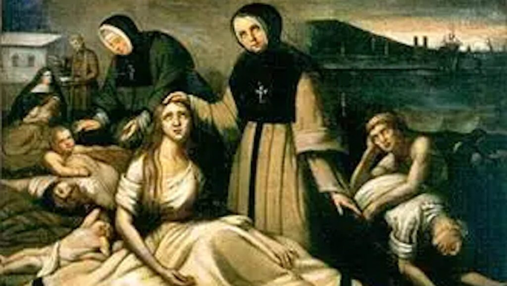 “Le Typhus”, pintura votiva de Théophile Hamel (1817-1870), artista canadiense, instalada en el techo de la entrada de la iglesia Notre-Dame-de-Bon-Secours, en Montreal. (Wikimedia Commons)