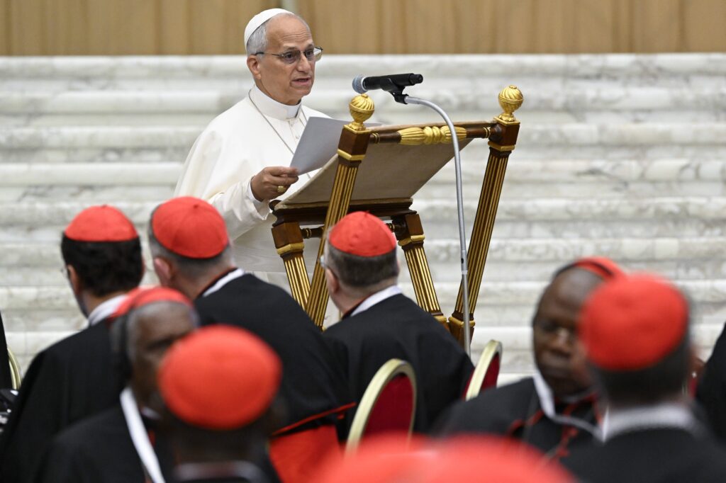 El Papa León XIV interviene el 26 de junio de 2026, en la apertura de un consistorio extraordinario de cardenales en la Sala Pablo VI del Vaticano, celebrado del 26 al 27 de junio. (Foto OSV News/Simone Risoluti, Vatican Media)