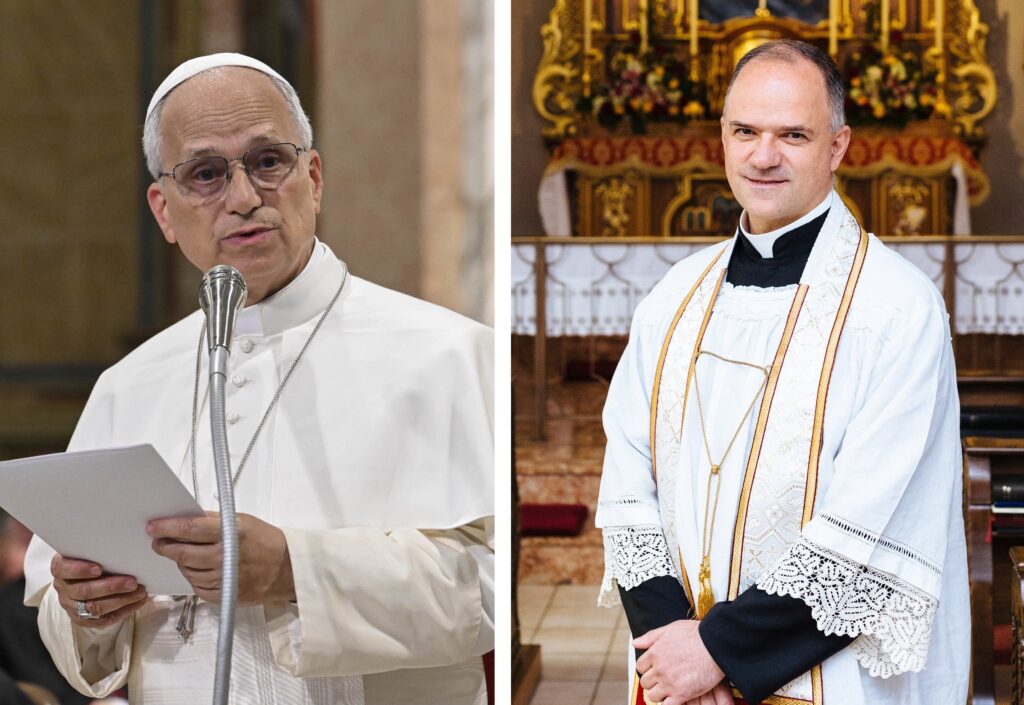 En una foto combinada, el Papa León XIV aparece hablando en el norte de Italia el 20 de junio de 2026, y el padre Davide Pagliarani, superior general de la tradicionalista Fraternidad Sacerdotal San Pío X, aparece en 2018 en Écône, Suiza. En una carta publicada el 30 de junio, el Papa León instó al padre Pagliarani a detener la consagración no autorizada de nuevos obispos prevista para el 1 de julio, advirtiendo que la medida provocaría un cisma formal y privaría a los fieles de los sacramentos legítimos. (Foto de OSV News/Mario Tomassetti, Vatican Media/Jean-Matthieu Gautier, KNA vía CPP)
