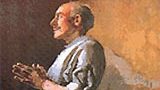 Portrait of an elderly man in profile, wearing a light blue robe, hands clasped in front, against a warm brown background.