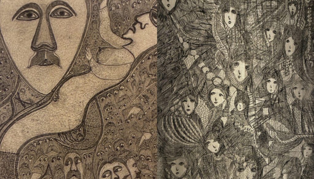 (Izquierda) Obra sin título de Edmund Monsiel (1897-1962), artista polaco. (Derecha) Obra sin título de Madge Gill (1882-1961), artista inglesa. (Museo de Arte Popular Americano)