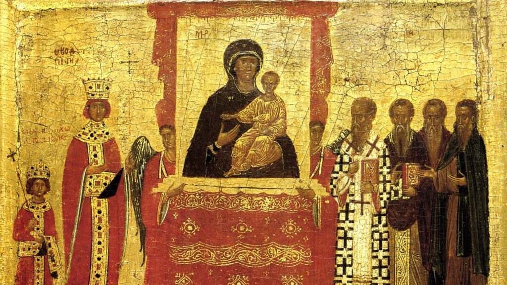 Ícono de finales del siglo XIV o comienzos del XV que representa el “Triunfo de la Ortodoxia” en 843. Metodio aparece en la parte superior, a la derecha del ícono, mientras que Teodora y su hijo Miguel se encuentran a la izquierda. Colección Nacional de Íconos 18, Museo Británico. (Wikipedia).