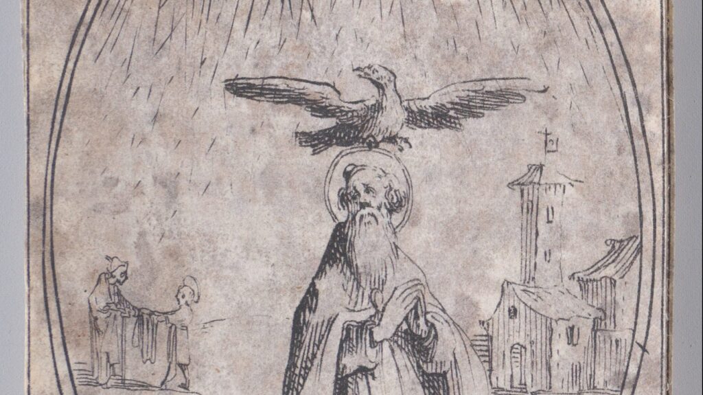 “San Medardo, obispo”, grabado de la obra Imágenes de todos los santos y fiestas religiosas del año (Les Images de Tous Les Saincts et Saintes de L'Année), realizada por Jacques Callot en 1636. (Museo Metropolitano de Arte)
