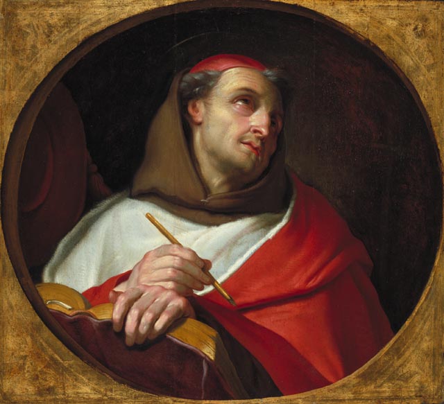 Portrait of a man in a brown hood and red cloak, holding a lute and a pencil, framed in a circular border.