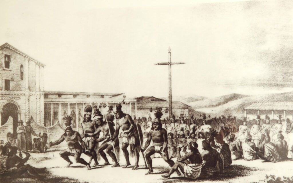 Una ilustración fechada en 1816 muestra a indígenas y franciscanos en la Misión San Francisco de Asís, en San Francisco. (Foto de CNS/Nancy Wiechec)