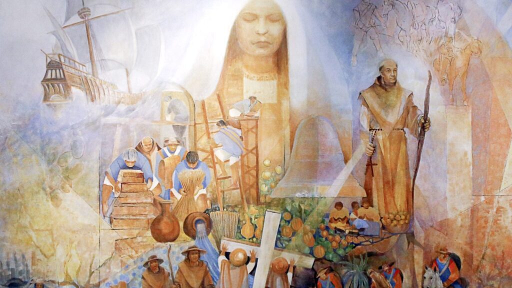 Al ingresar a la Catedral de Nuestra Señora de los Ángeles, en Los Ángeles, los visitantes son recibidos por un mural de Frank A. Martínez que representa los inicios del catolicismo en Norteamérica.