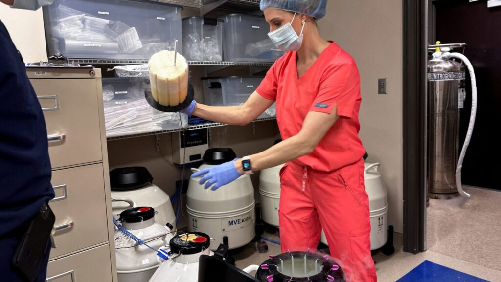 El Dr. Andrew Harper, director médico de Huntsville Reproductive Medicine, P.C., observa mientras Lynn Curry, enfermera practicante de Huntsville Reproductive Medicine, P.C., abre un contenedor de criopreservación utilizado para la fecundación in vitro (FIV) en Madison, Alabama, el 4 de marzo de 2024. El presidente Donald Trump realizó un anuncio en la Casa Blanca el 16 de octubre de 2025 sobre la cobertura de tratamientos de fertilidad. (Foto OSV News/Roselle Chen, Reuters)