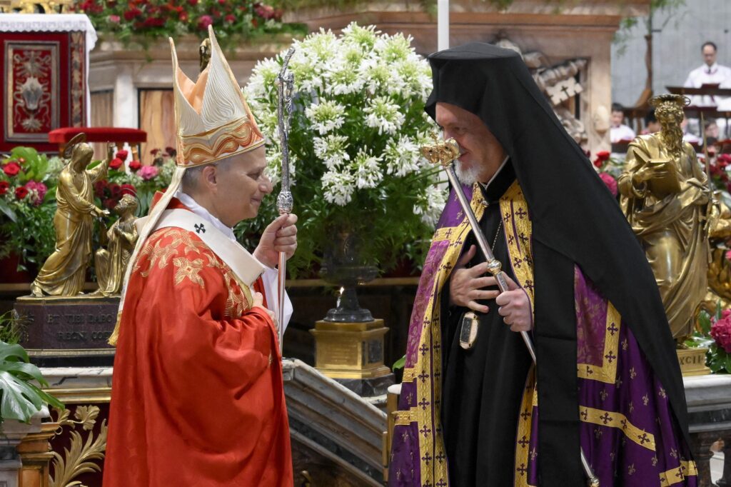 Pope Leo XIV greets Metropolitan Emmanuel of Chalcedon following Mass in St. Peter’s Basilica at the Vatican June 29, 2026, the feast of Sts. Peter and Paul. (OSV News photo/Mario Tomassetti, Vatican Media)