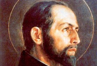 Profile portrait of a bearded man with a gold halo, facing right.