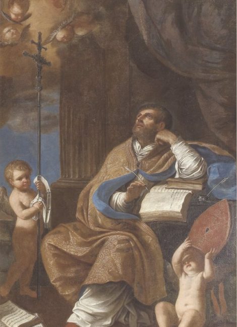 Bearded religious scholar in brown robes sits with an open book and blue cloak, a tall cross-staff nearby, with cherubs around him.