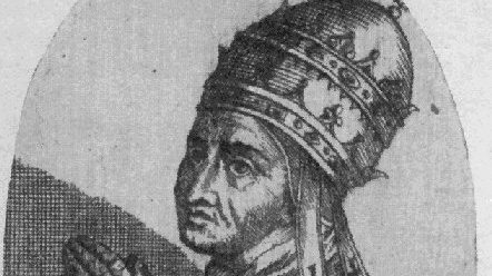 Engraved portrait of a medieval pope wearing a tall jeweled papal tiara, in profile to the left.
