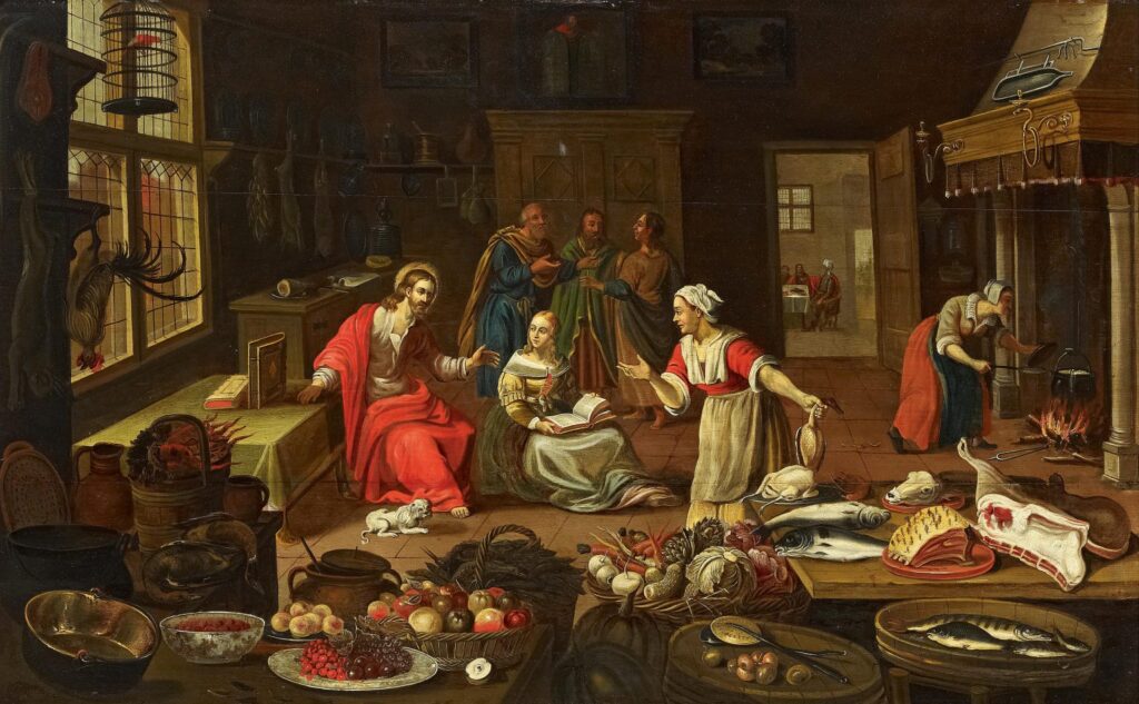 Jesus sits in a red robe at a table in a rustic kitchen, conversing with companions as others gather amid baskets of fruit, fish, and meat