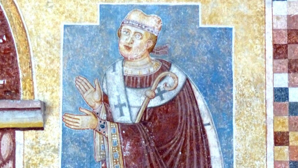San Otón de Bamberg representado en un fresco románico de la abadía de Prüfening, hacia 1130. (Wikipedia)