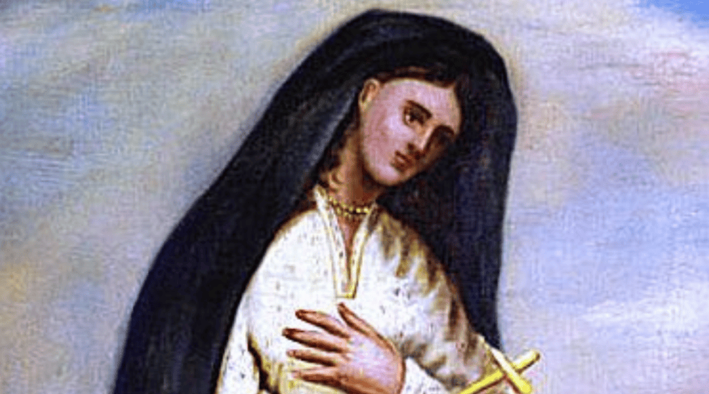 Portrait of a woman in a dark veil and white gown, holding a small cross.