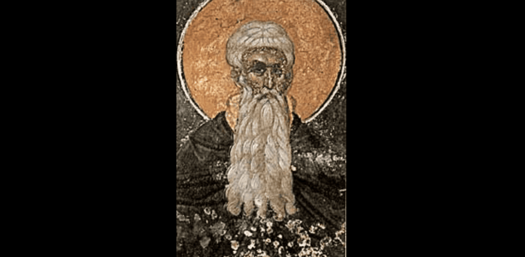Icon of an elderly saint with a halo, long white beard, and dark robes.