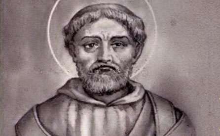 Black-and-white illustration of a bearded saint with a halo, wearing a hooded robe.