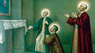 Three haloed saints in a green church, one kneels before an altar while two others raise their hands in prayer.