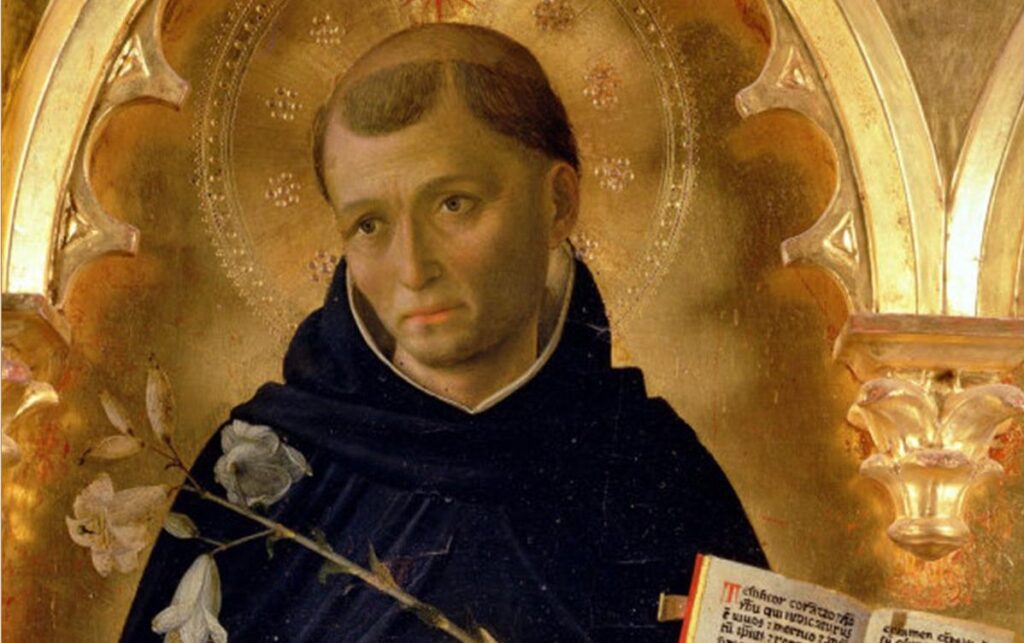 Oil painting of a solemn nun with a gold halo, holding a white rose and a devotional book.