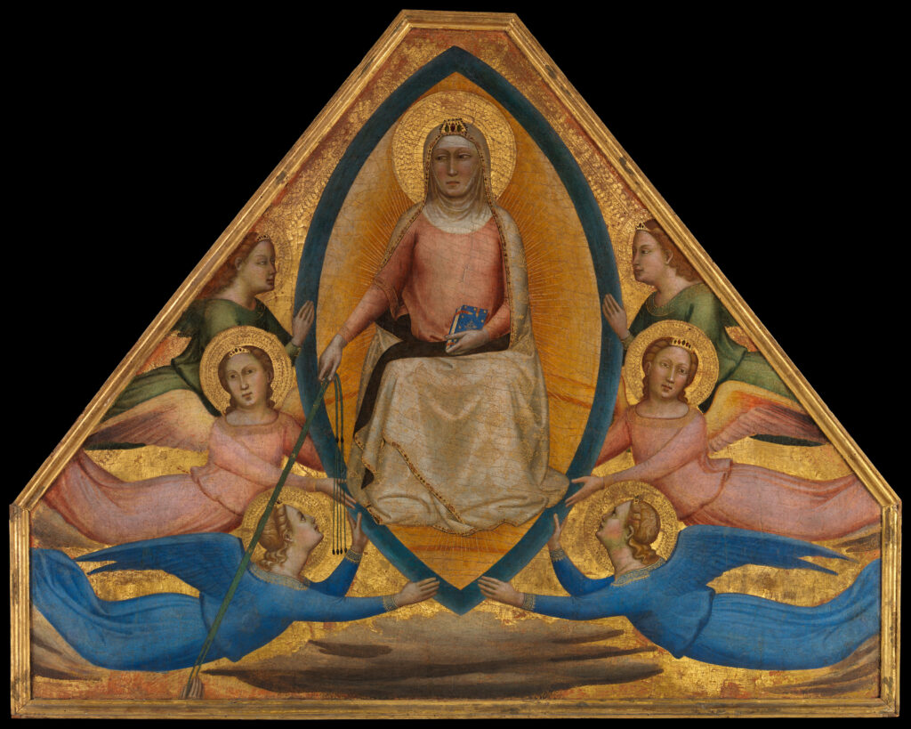 Triangular medieval icon depicting the Virgin Mary seated with halo, flanked by angels against a gold background and ornate frame.