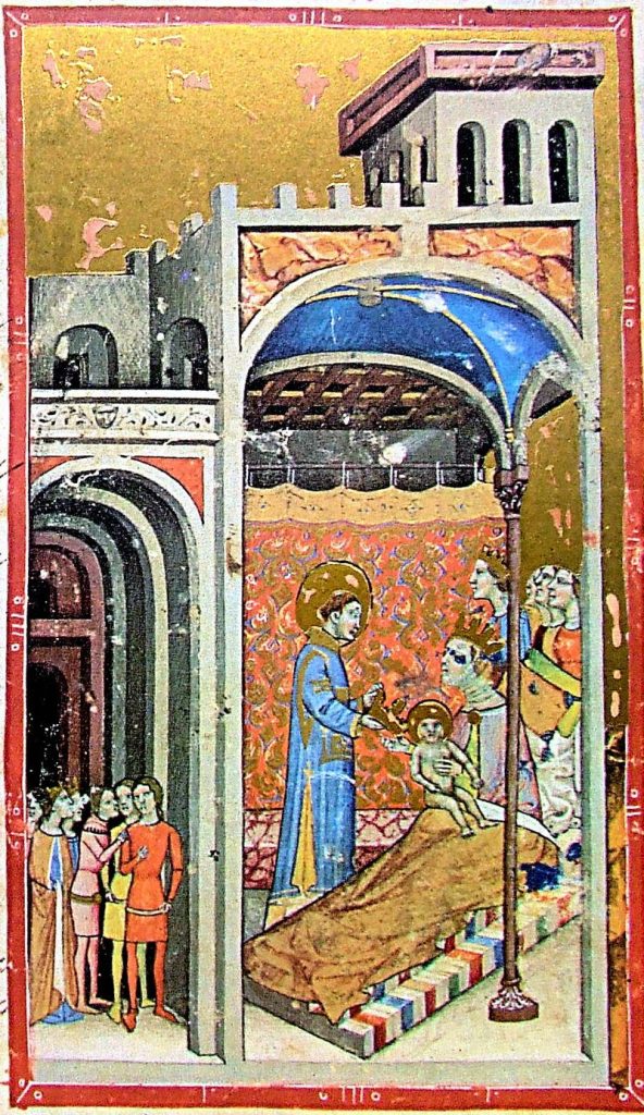 Nacimiento de san Esteban, representado en las Crónicas Iluminadas. (Wikipedia)