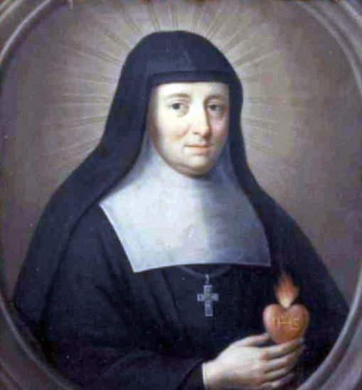 Portrait of a Catholic nun in a black habit and white coif, halo radiating behind, holding a flaming Sacred Heart inscribed with IHS.