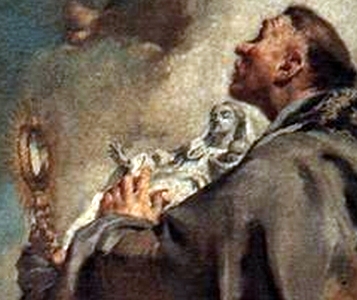 San Jacinto con una custodia y una imagen de la Virgen María, detalle de Tres santos dominicos, de Giovanni Battista Piazzetta (1738), en la iglesia de los Gesuati, Venecia, Italia. (Wikipedia)