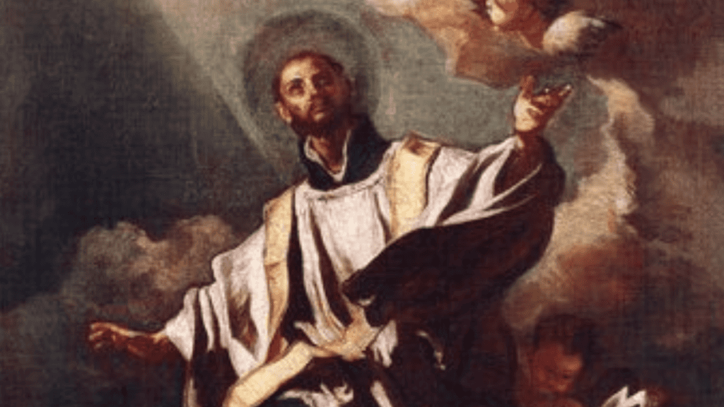 Haloed religious figure in white and gold robes with arms raised, looking upward as a dove appears overhead.