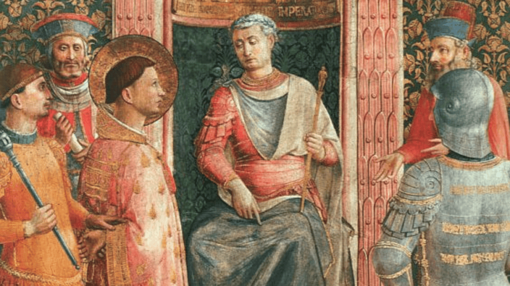A haloed man sits on a throne, wearing red and gray robes, holding a staff, with robed attendants and armored guards nearby.