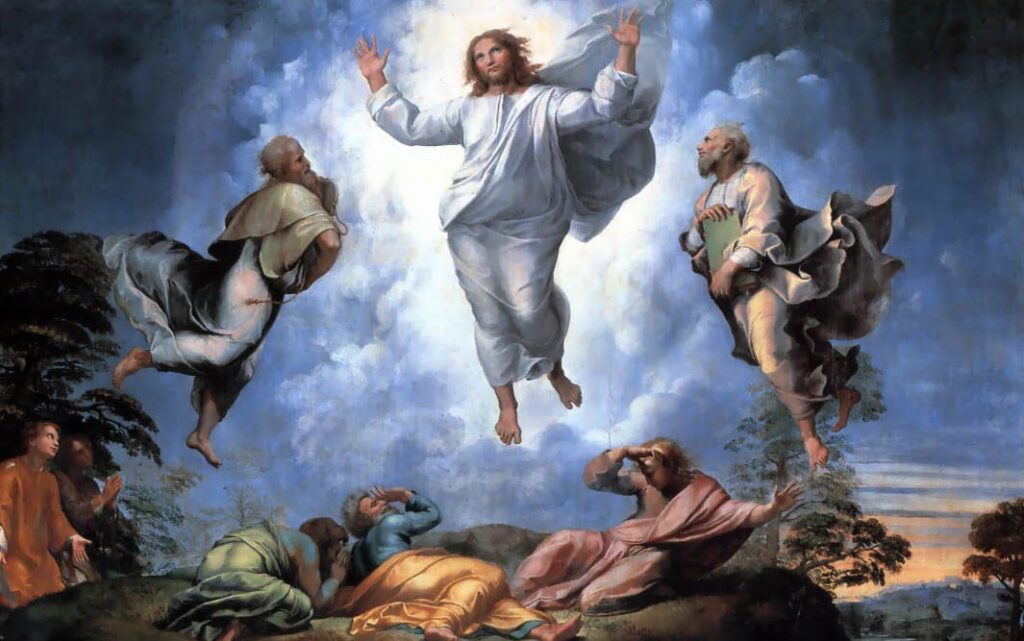 Christian painting of Jesus ascending to heaven, arms raised, with his disciples looking up in awe on a grassy landscape.