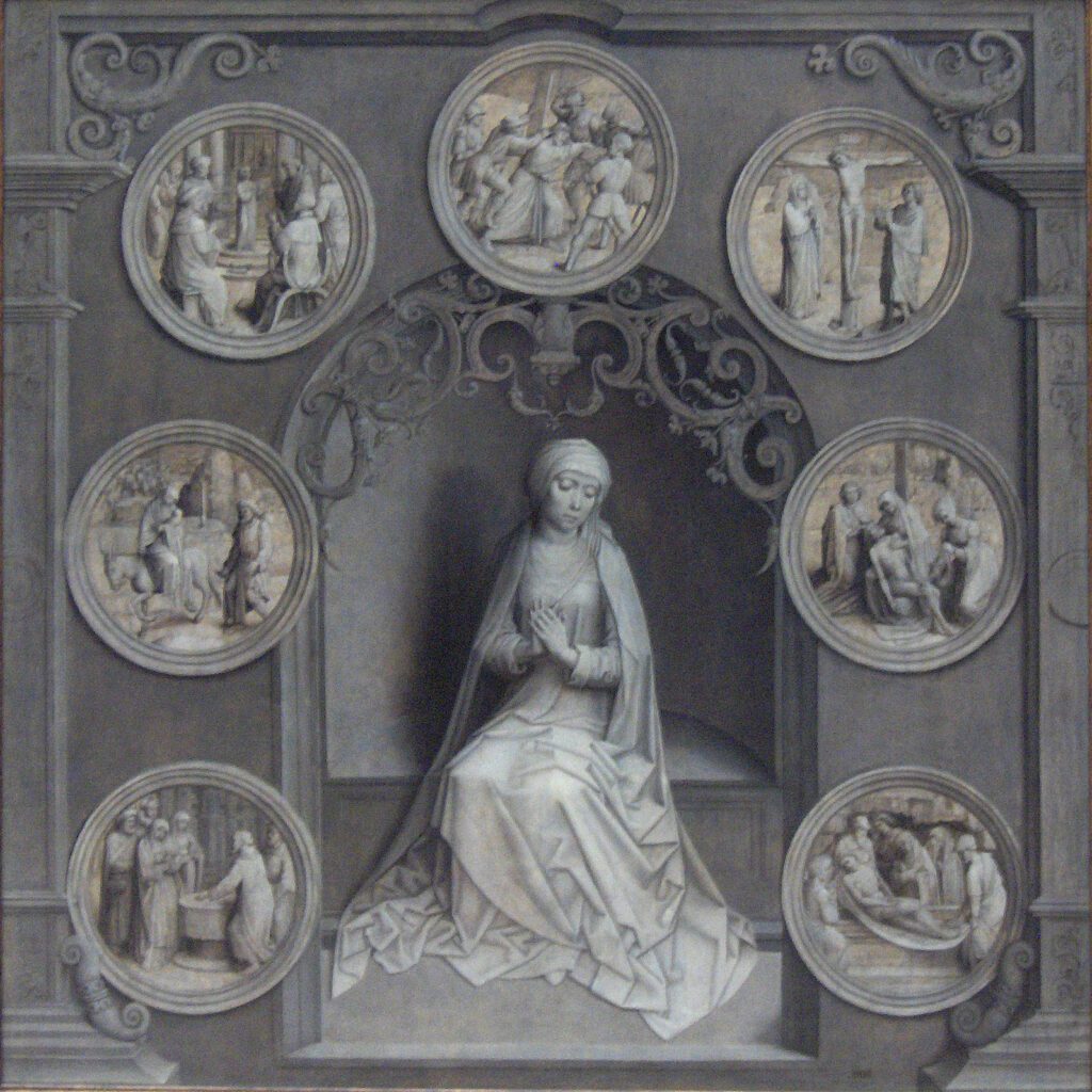 “María rodeada por los Siete Dolores”. (Wikipedia)