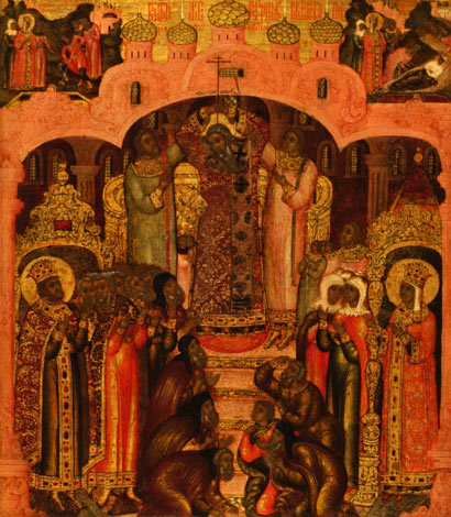 Ícono ruso de la fiesta de la Exaltación de la Santa Cruz, obra de Gury Nikitin, realizada en Yaroslavl en 1680. Galería Tretiakov, Moscú.