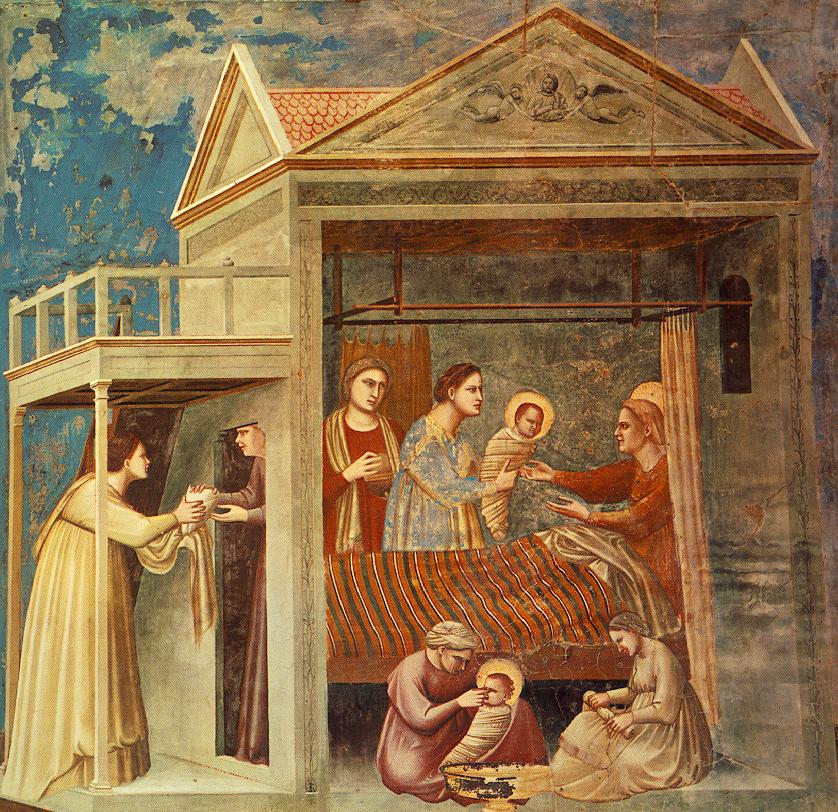 "El nacimiento de la Santísima Virgen María", de Giotto, en la Capilla de los Scrovegni, Padua, Italia, c. 1305. (Wikipedia)